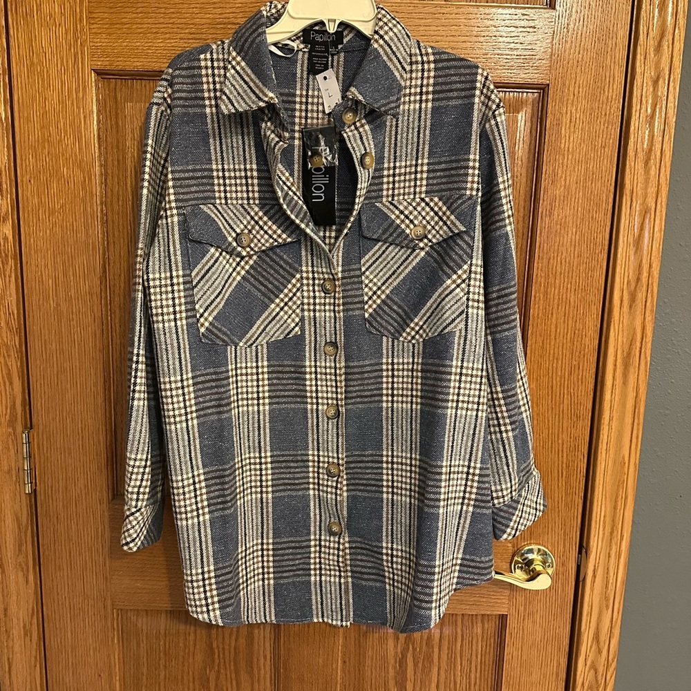 Papillon Blanc Blue and Cream Plaid Button-Up Shacket with Brown Accents